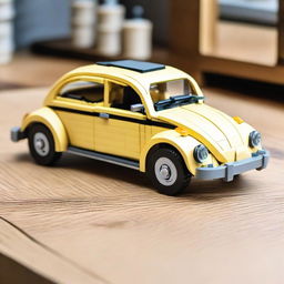 A detailed Lego model of a Volkswagen Beetle car displayed on a wooden table