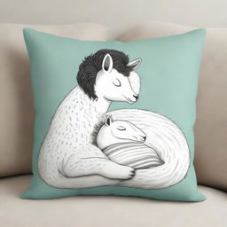 A serene individual subtly curled up in peaceful slumber, resting cozily on a pillow featuring a whimsical lama print.