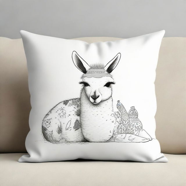 A serene individual subtly curled up in peaceful slumber, resting cozily on a pillow featuring a whimsical lama print.