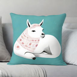 A serene individual subtly curled up in peaceful slumber, resting cozily on a pillow featuring a whimsical lama print.