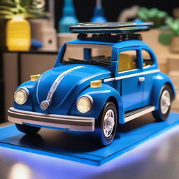 A detailed Lego model of a blue Volkswagen Beetle car displayed on a table, in a room illuminated by neon lights