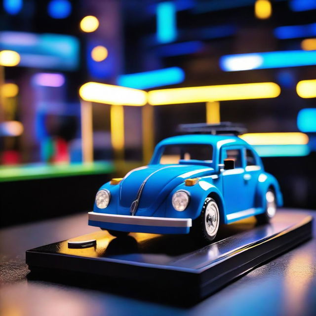 A detailed Lego model of a blue Volkswagen Beetle car displayed on a table, in a room illuminated by neon lights