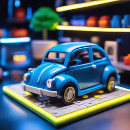 A detailed Lego model of a blue Volkswagen Beetle car displayed on a table, in a room illuminated by neon lights