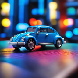 A detailed Lego model of a blue Volkswagen Beetle car displayed on a table, in a room illuminated by neon lights