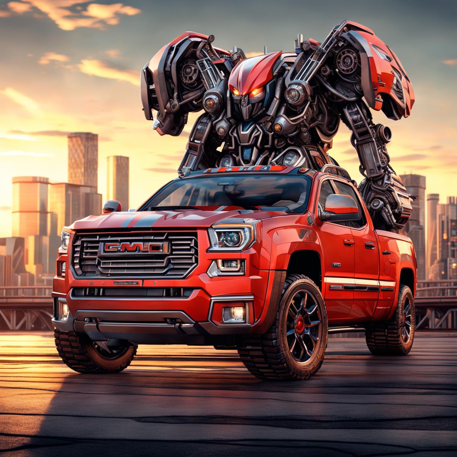 A realistic, 4K resolution digital art image of a GMC car mid-transformation into a Transformer