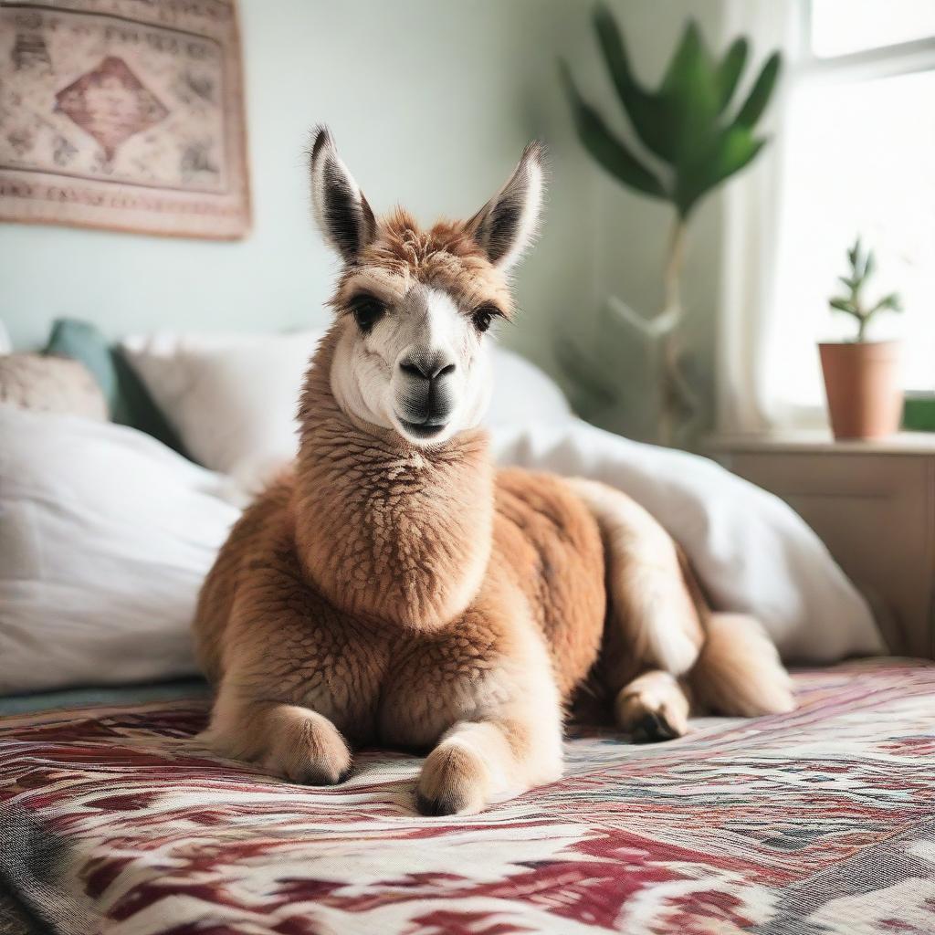 An adorably gentle llama is peacefully snoozing on a neatly made bed, surrounded by comfort and silence of a homey bedroom.