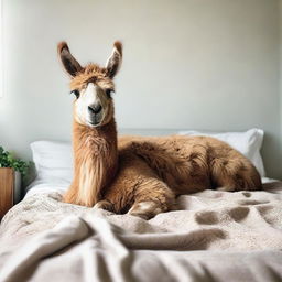 An adorably gentle llama is peacefully snoozing on a neatly made bed, surrounded by comfort and silence of a homey bedroom.