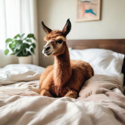 An adorably gentle llama is peacefully snoozing on a neatly made bed, surrounded by comfort and silence of a homey bedroom.