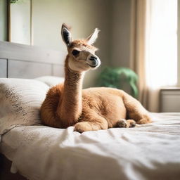 An adorably gentle llama is peacefully snoozing on a neatly made bed, surrounded by comfort and silence of a homey bedroom.