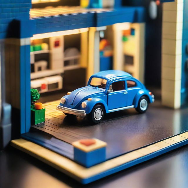 A detailed Lego model of a blue Volkswagen New Beetle on a table, set in a neon-lit arcade cabinet room