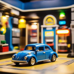 A detailed Lego model of a blue Volkswagen New Beetle on a table, set in a neon-lit arcade cabinet room