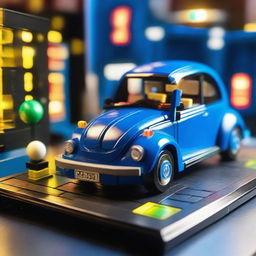 A detailed Lego model of a blue Volkswagen New Beetle on a table, set in a neon-lit arcade cabinet room