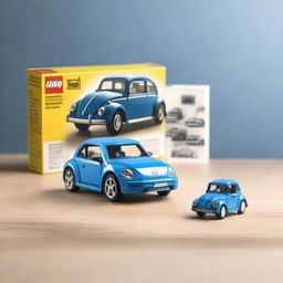 A detailed Lego model of a blue Volkswagen New Beetle car placed next to a box on a table.