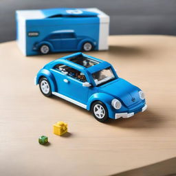 A detailed Lego model of a blue Volkswagen New Beetle car placed next to a box on a table.