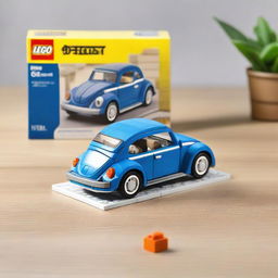 A detailed Lego model of a blue Volkswagen New Beetle car placed next to a box on a table.