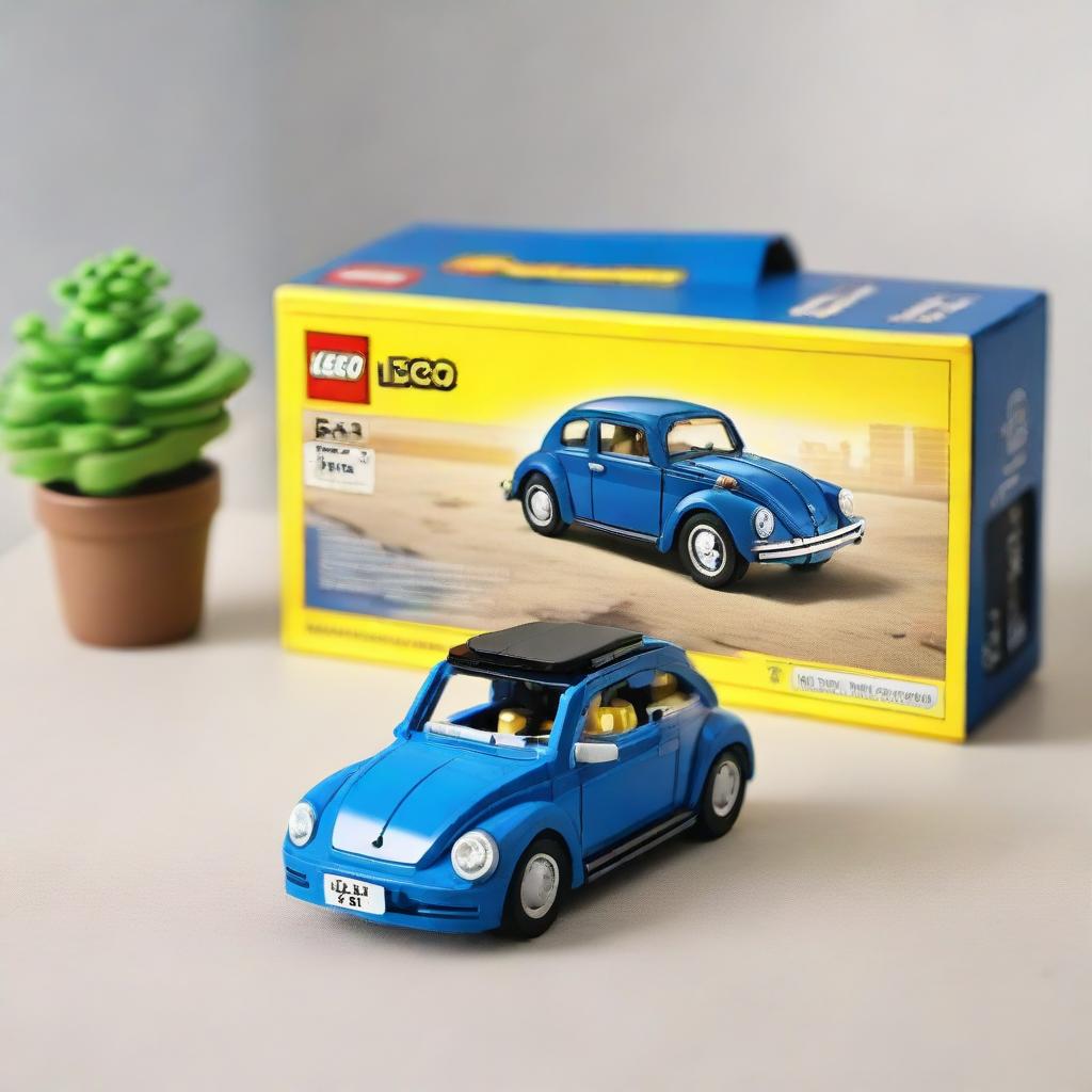 A detailed Lego model of a blue Volkswagen New Beetle car placed next to a box on a table.