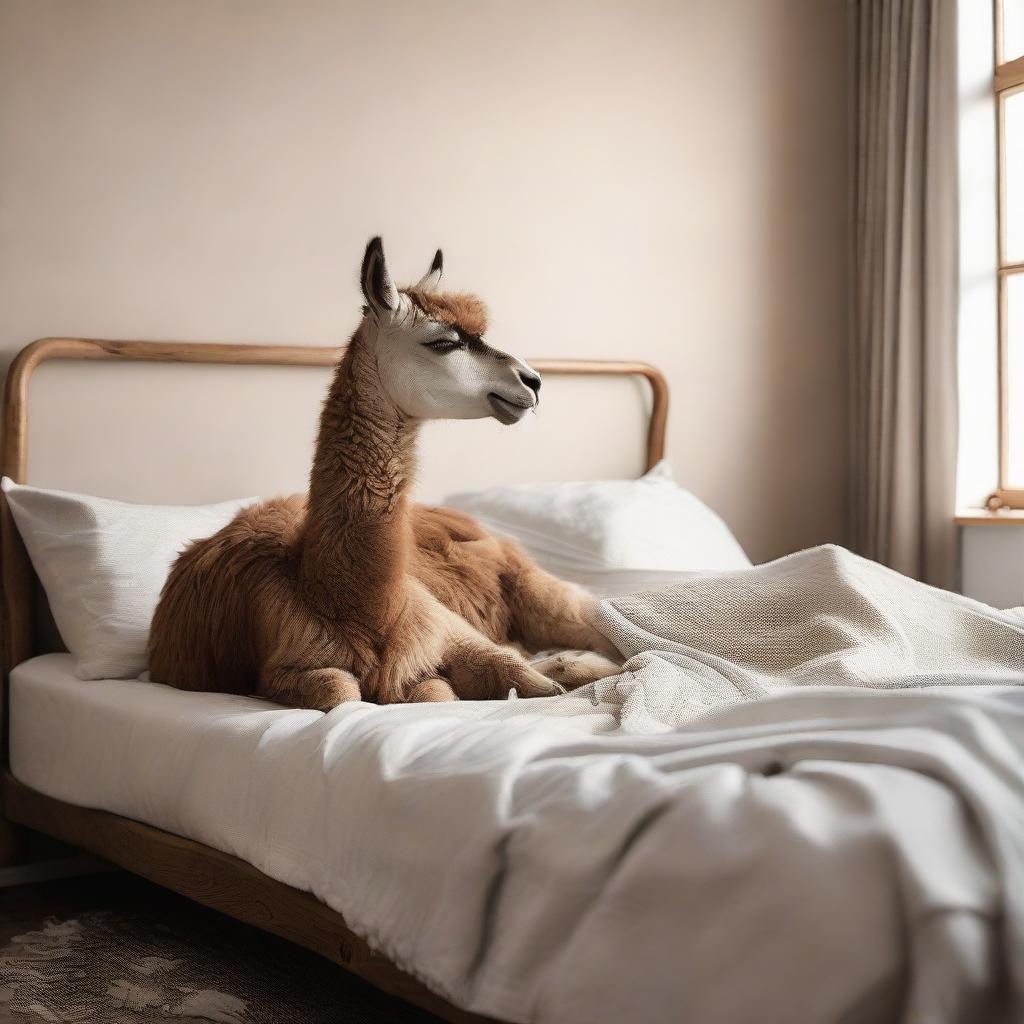 A scene capturing a friendly llama sleeping soundly on a bed, while a person is gently easing into the sheets, encapsulating a moment of harmony and humor.