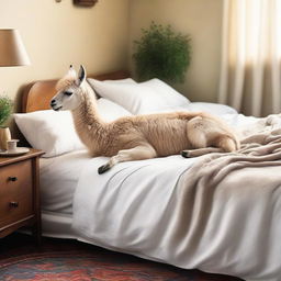 A scene capturing a friendly llama sleeping soundly on a bed, while a person is gently easing into the sheets, encapsulating a moment of harmony and humor.