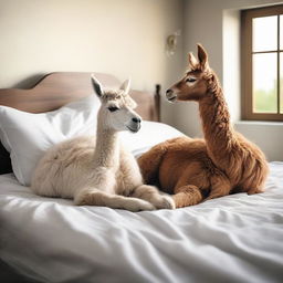 A scene capturing a friendly llama sleeping soundly on a bed, while a person is gently easing into the sheets, encapsulating a moment of harmony and humor.