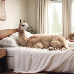 A scene capturing a friendly llama sleeping soundly on a bed, while a person is gently easing into the sheets, encapsulating a moment of harmony and humor.