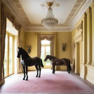 The grand entrance hall of the mansion was adorned with elegant shire horse statues.