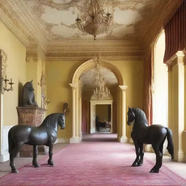 The grand entrance hall of the mansion was adorned with elegant shire horse statues.