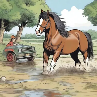 In the comic strip, the mighty shire horse saved the day by pulling a stuck car out of the mud.