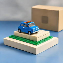 A detailed Lego model of a blue Fiat 500 car placed next to a box on a table.