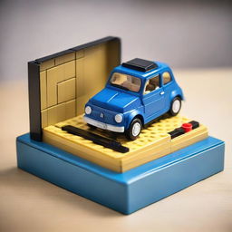 A detailed Lego model of a blue Fiat 500 car placed next to a box on a table.