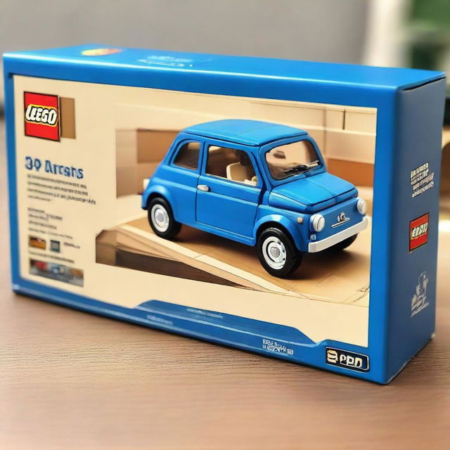 A detailed Lego model of a blue Fiat 500 car placed next to a box on a table.