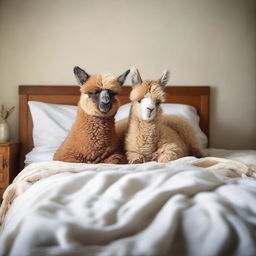 A light-hearted scene showing a man tucked comfortably into bed, sharing the space with a peacefully sleeping alpaca.