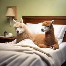 A light-hearted scene showing a man tucked comfortably into bed, sharing the space with a peacefully sleeping alpaca.