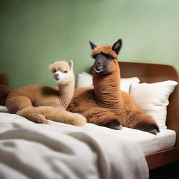 A light-hearted scene showing a man tucked comfortably into bed, sharing the space with a peacefully sleeping alpaca.