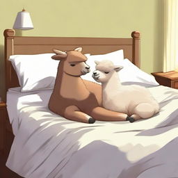 A light-hearted scene showing a man tucked comfortably into bed, sharing the space with a peacefully sleeping alpaca.