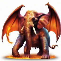 A hybrid creature blending the majesty of an elephant with the fiery aura of a dragon. With the strong physique of an elephant and the scaly skin and wings of a dragon.