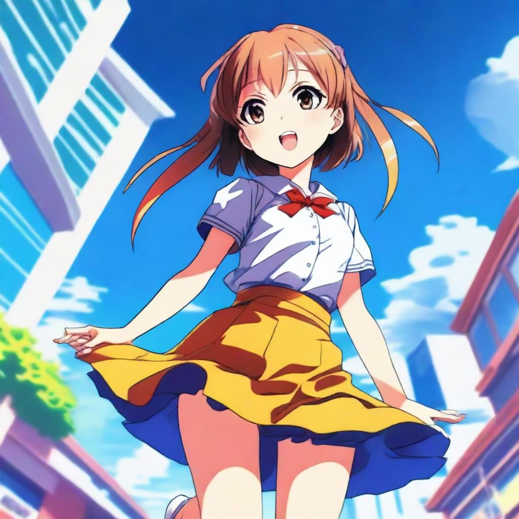 A high-quality digital art image featuring an anime girl in a skirt, viewed from a low angle