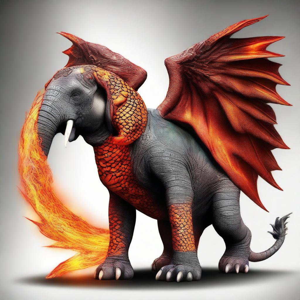 A hybrid creature blending the majesty of an elephant with the fiery aura of a dragon. With the strong physique of an elephant and the scaly skin and wings of a dragon.