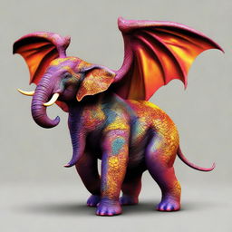 A hybrid creature blending the majesty of an elephant with the fiery aura of a dragon. With the strong physique of an elephant and the scaly skin and wings of a dragon.