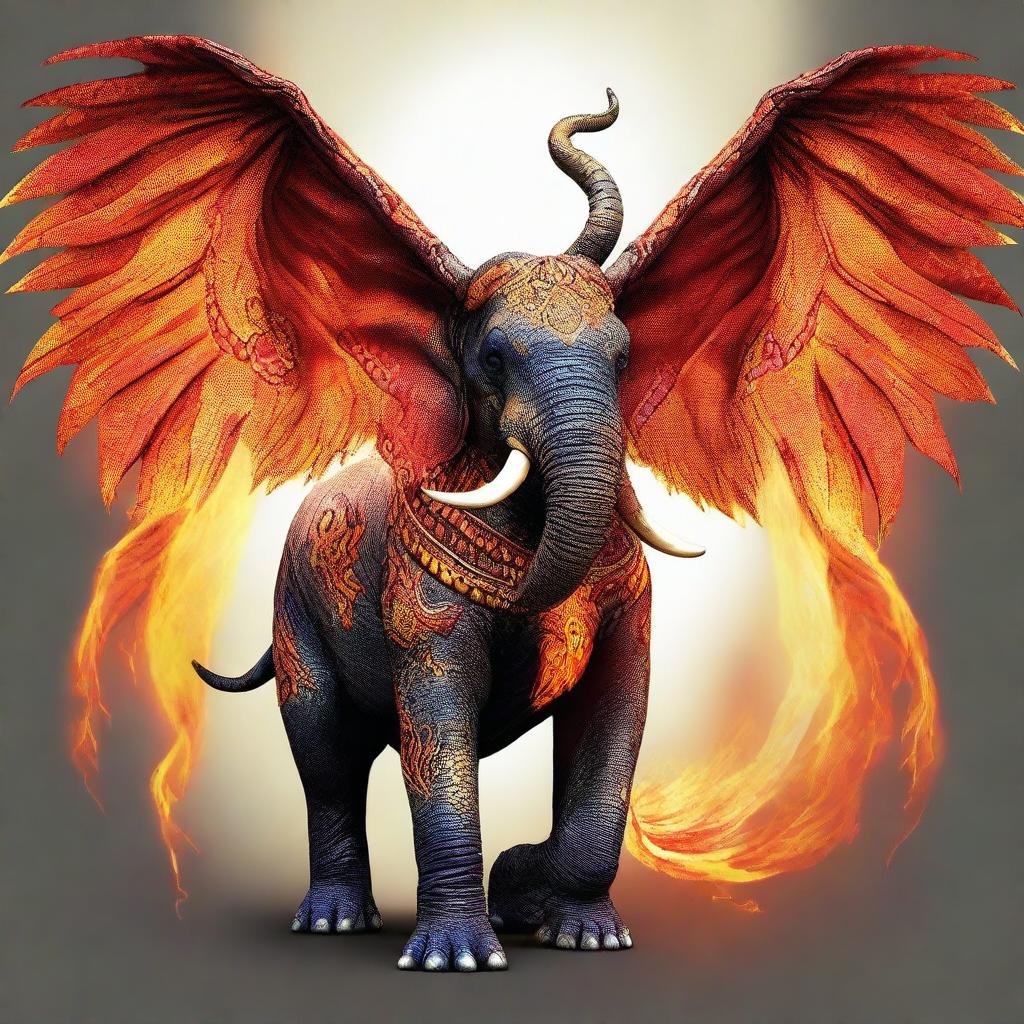 A hybrid creature blending the majesty of an elephant with the fiery aura of a dragon. With the strong physique of an elephant and the scaly skin and wings of a dragon.