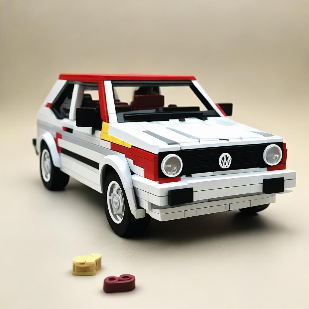 An intricately designed Lego model of a Volkswagen Golf MK2.