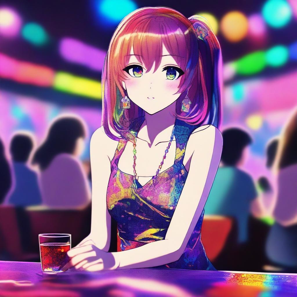 This is a digital art image of an anime girl in a nightclub setting
