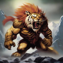 A fierce monster with the head of a tiger, the facial features of an eagle, and the robust body of a lion, engaged in the action of destroying mountains.