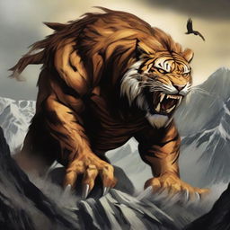 A fierce monster with the head of a tiger, the facial features of an eagle, and the robust body of a lion, engaged in the action of destroying mountains.