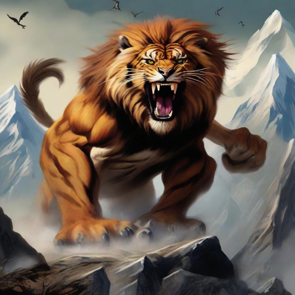 A fierce monster with the head of a tiger, the facial features of an eagle, and the robust body of a lion, engaged in the action of destroying mountains.