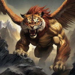 A fierce monster with the head of a tiger, the facial features of an eagle, and the robust body of a lion, engaged in the action of destroying mountains.