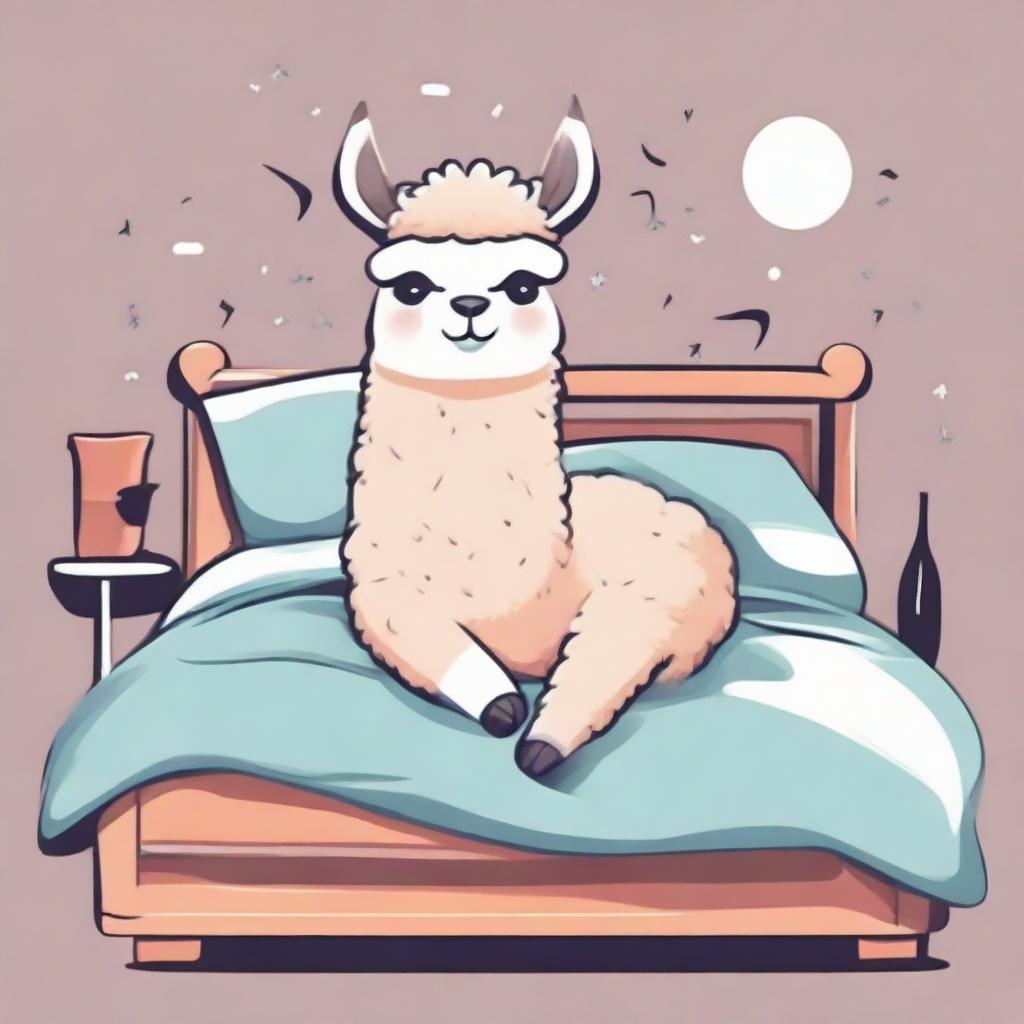 Design an attractive and playful illustration suitable for t-shirt printing, featuring an endearing alpaca in deep slumber on a human's bed.