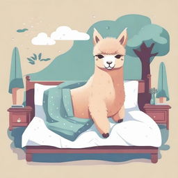 Design an attractive and playful illustration suitable for t-shirt printing, featuring an endearing alpaca in deep slumber on a human's bed.