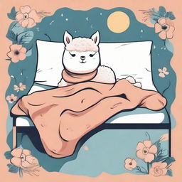 Design an attractive and playful illustration suitable for t-shirt printing, featuring an endearing alpaca in deep slumber on a human's bed.