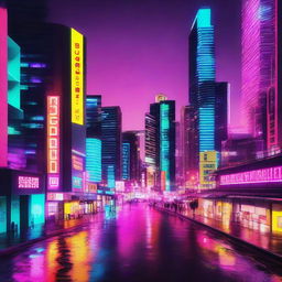 A cityscape at night with vibrant, neon lit buildings creating a mesmerizing backdrop.