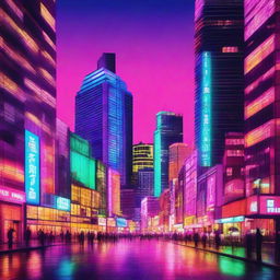 A cityscape at night with vibrant, neon lit buildings creating a mesmerizing backdrop.